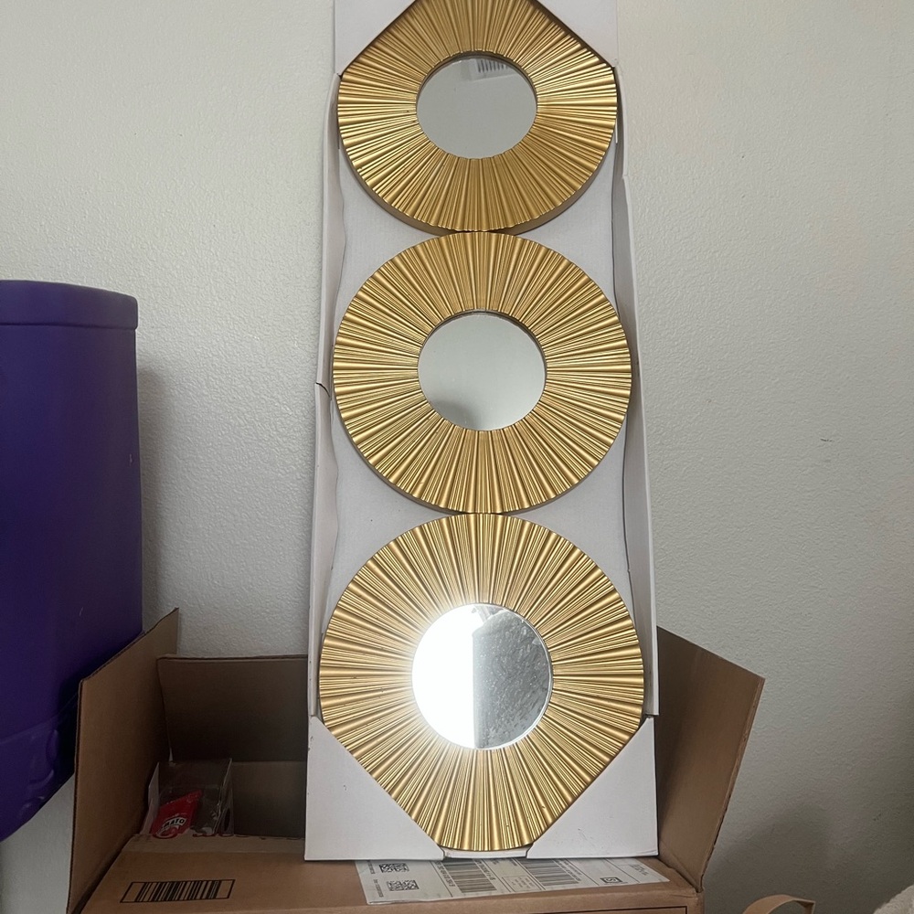 3x piece Gold Sunburst Triple Wall Mirror